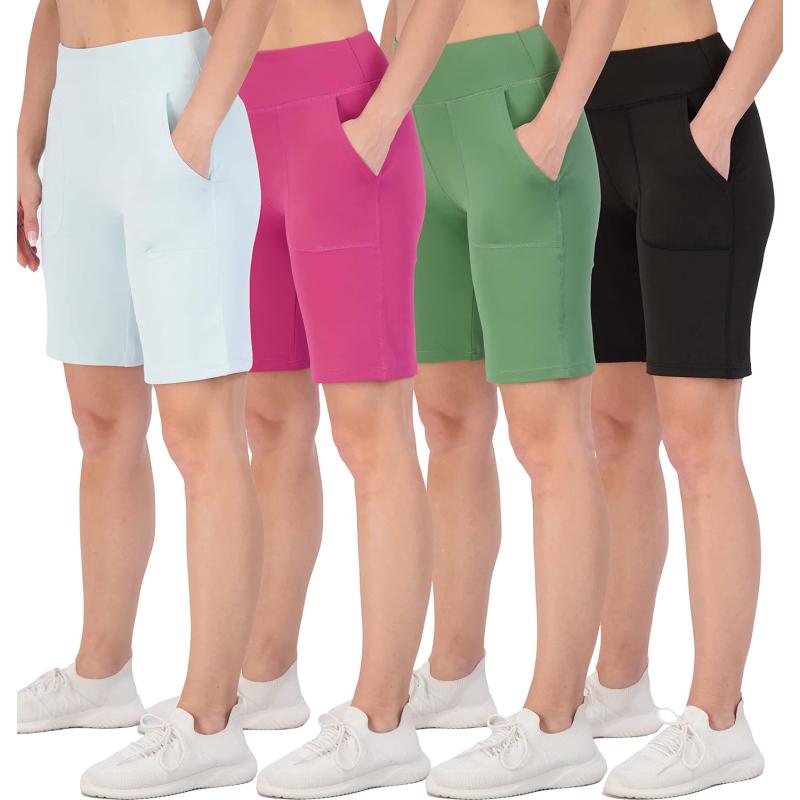 Real Essentials 4 Pack: Women's 9″ Bermuda Long High Waisted Shorts with Pockets  Casual Workout Athletic (Available in Plus)(Bermuda Shorts Set 8) - Real  Essentials